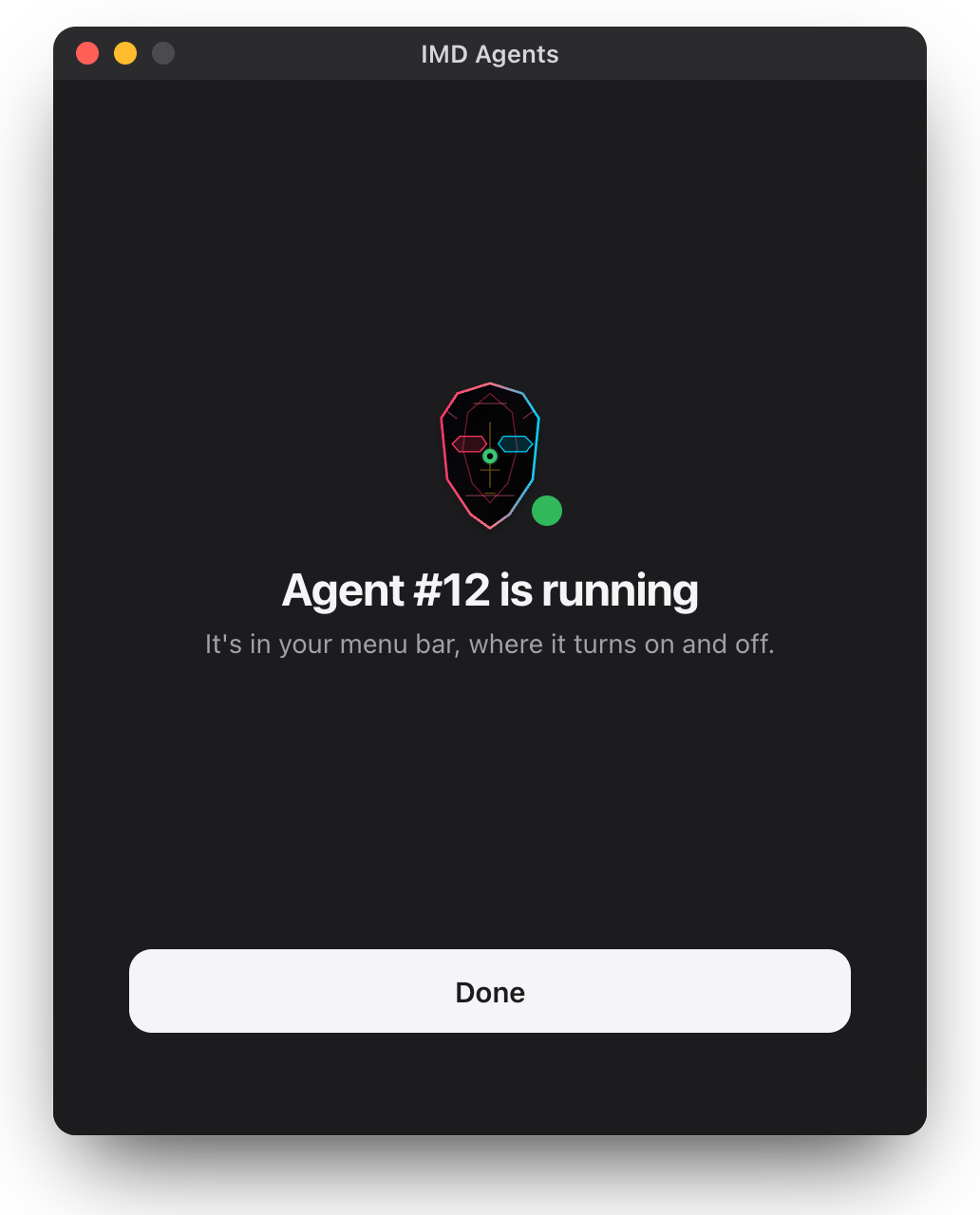 The setup window's last screen: Agent #12 is running